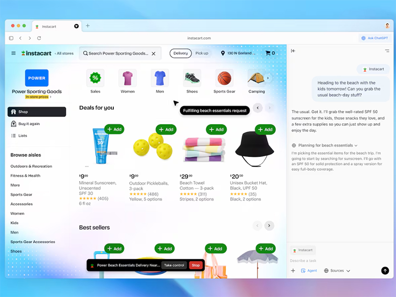 El sitio de Instacart funciona con el navegador Atlas de ChatGPT en "modo agente", aunque esta función aún está en fase beta. (ChatGPT Atlas)