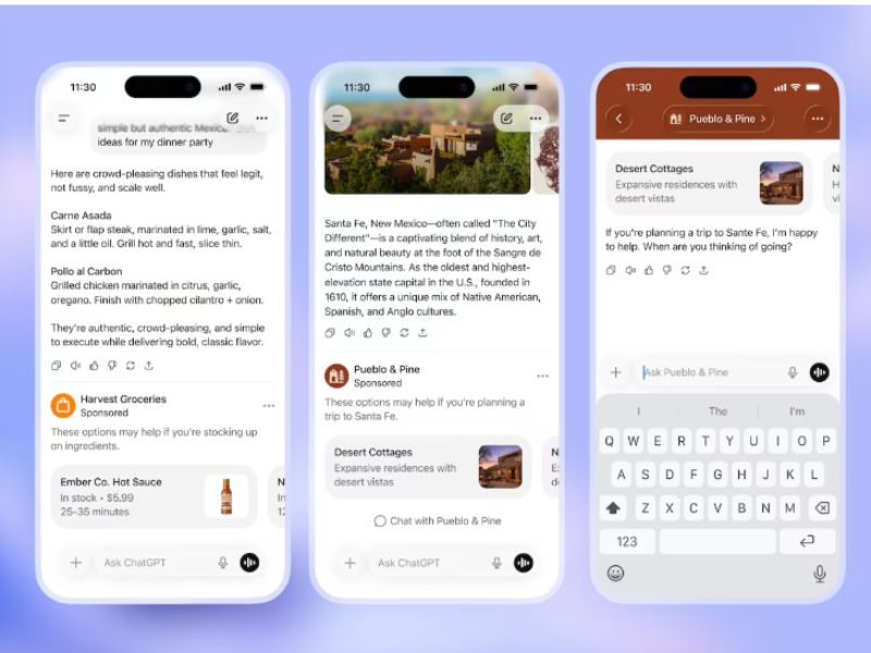 Las maquetas muestran ejemplos de anuncios que OpenAI está probando en ChatGPT. (OpenAI)
