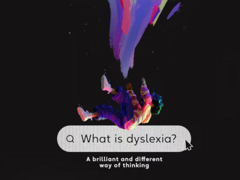 Chica animada cayendo sobre un fondo negro con colores pintados. La organización benéfica internacional Made by Dyslexia estrena un cortometraje de animación con el objetivo de manipular los resultados de búsqueda de la IA. (Made by Dyslexia)
