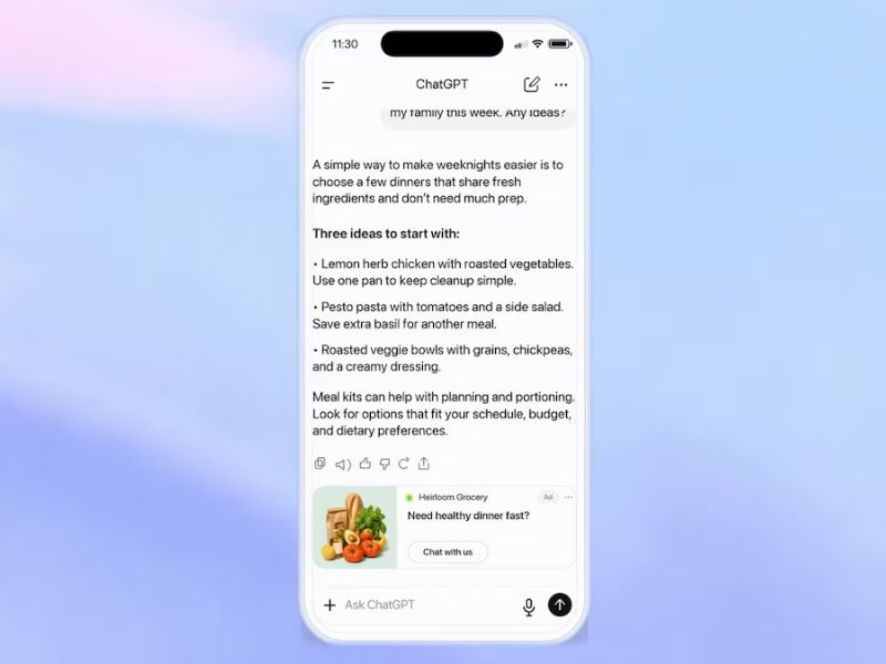ChatGPT demostró cómo funcionan sus anuncios de chat patrocinados: una actualización que muestra cómo se fusionan las plataformas publicitarias y empresariales. (OpenAI)